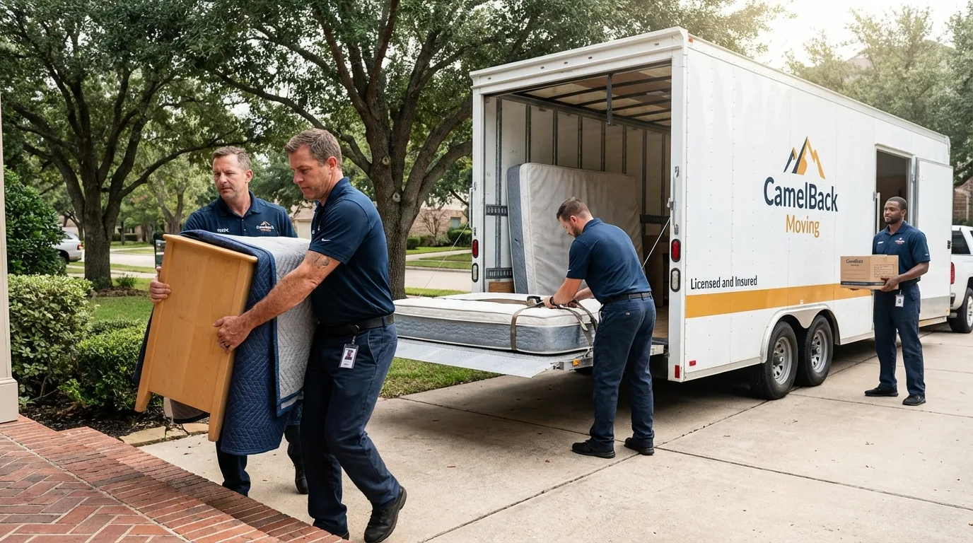 Crew loading residential truck for cross-state move from Pine Prairie, LA