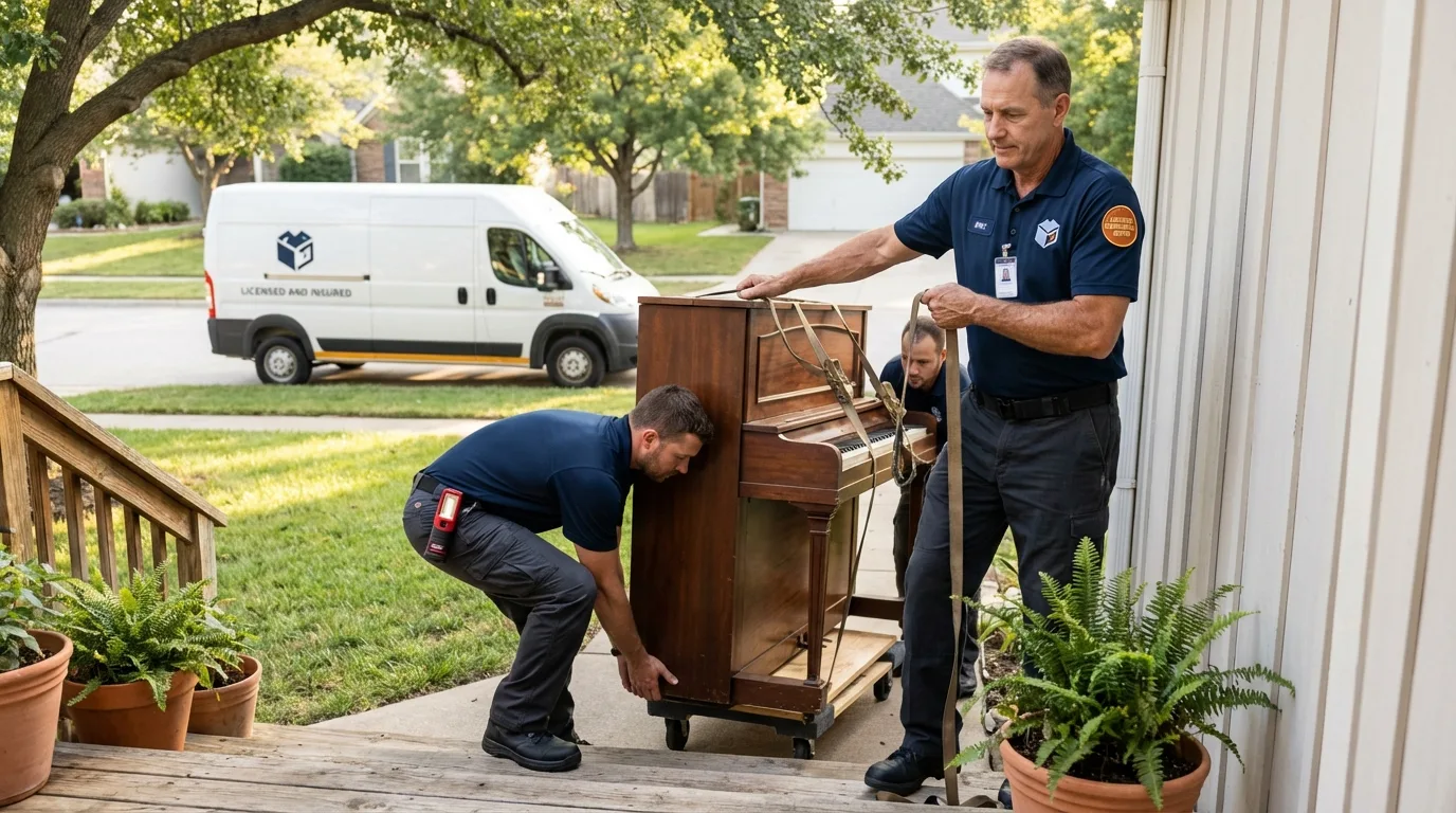 Licensed piano movers securing grand piano in Pine Prairie, LA