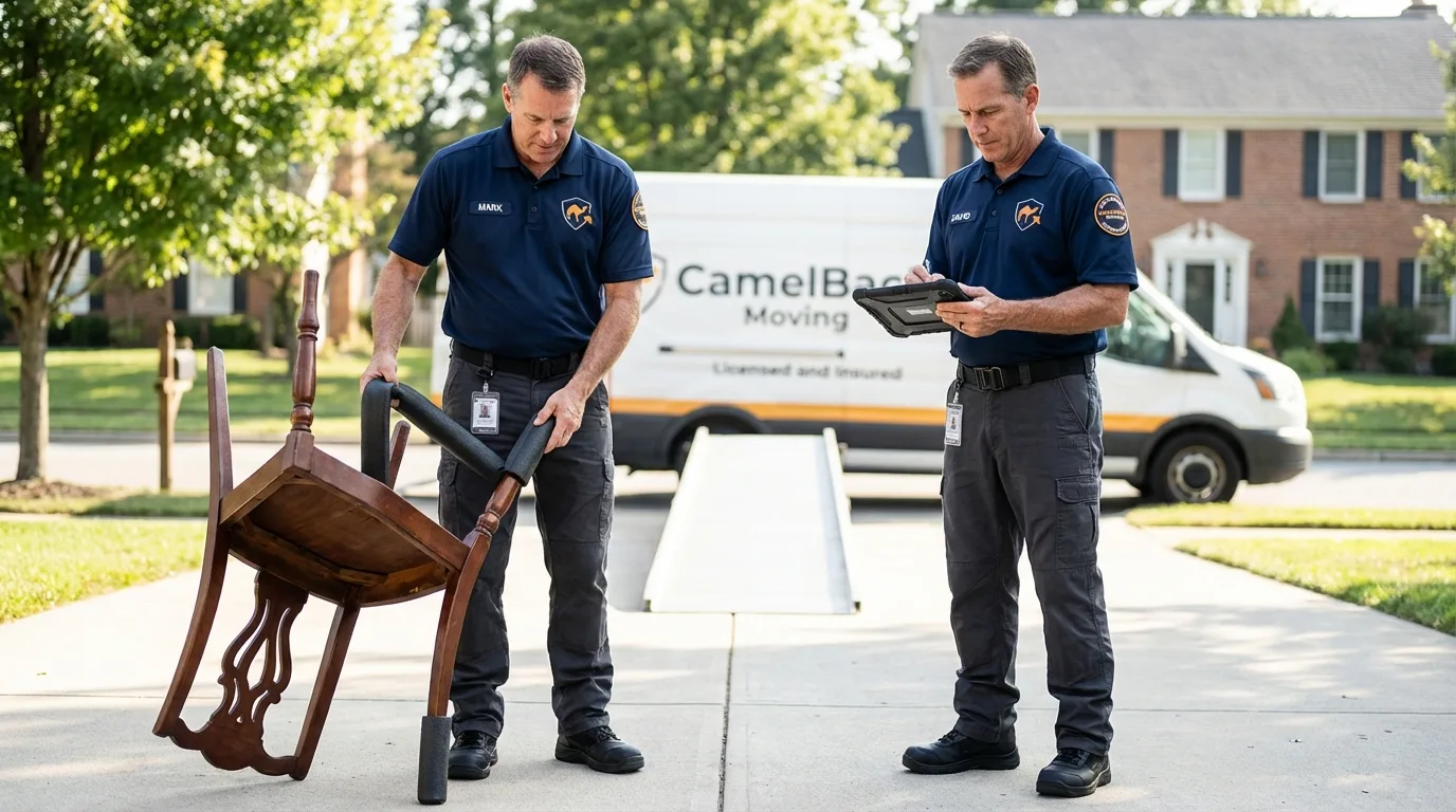 Movers inspecting furniture for damage prevention before loading in Pine Prairie, LA